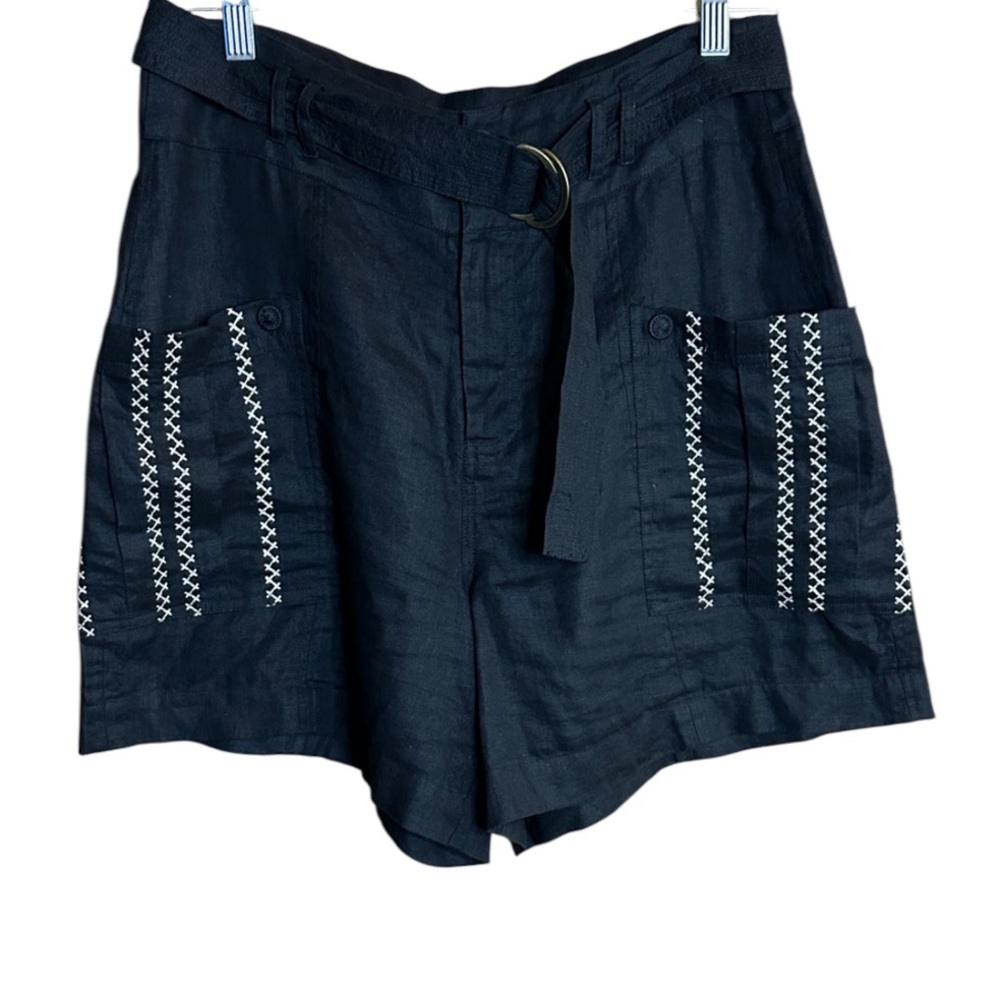 Johnny Was Black Joni Belted Cargo Shorts. Black with White Embroidery NWT